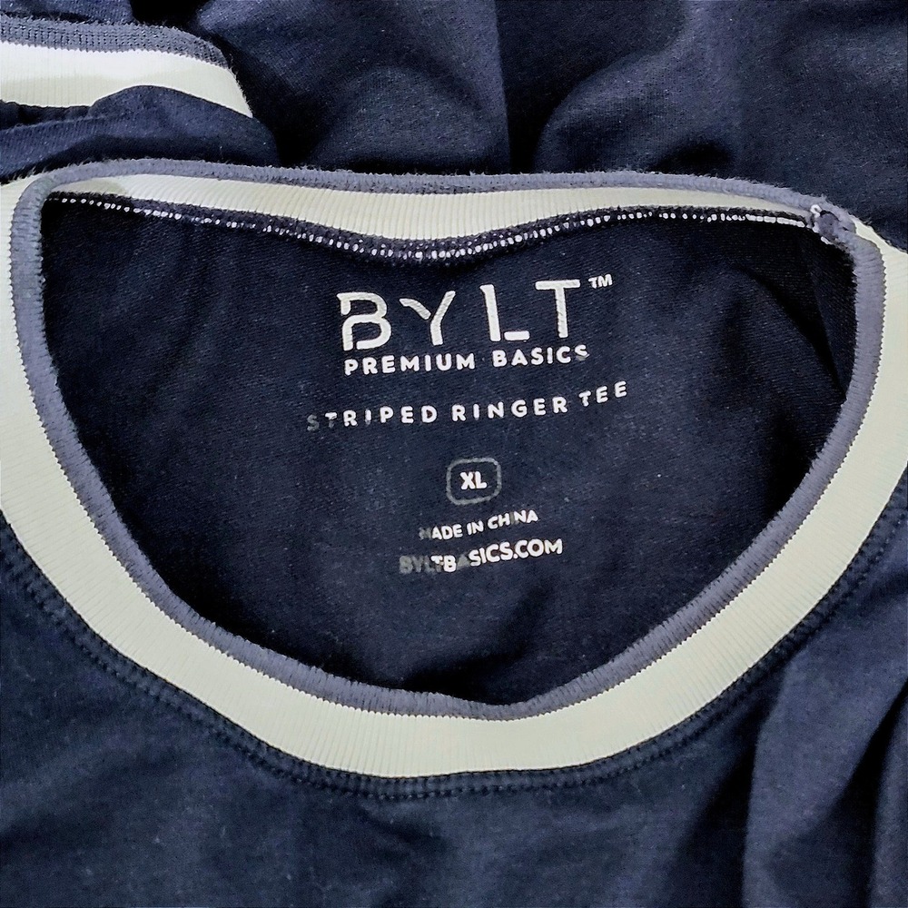 BYLT Premium Basics Drop Cut Striped Ringer Tee Shirt Mens XL Navy Blue White - Picture 6 of 7